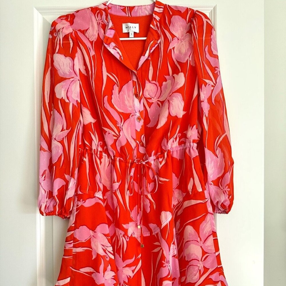 MILLY Reina Parrot Floral Print Long Sleeve Mini Dress in Coral Multi Size 4